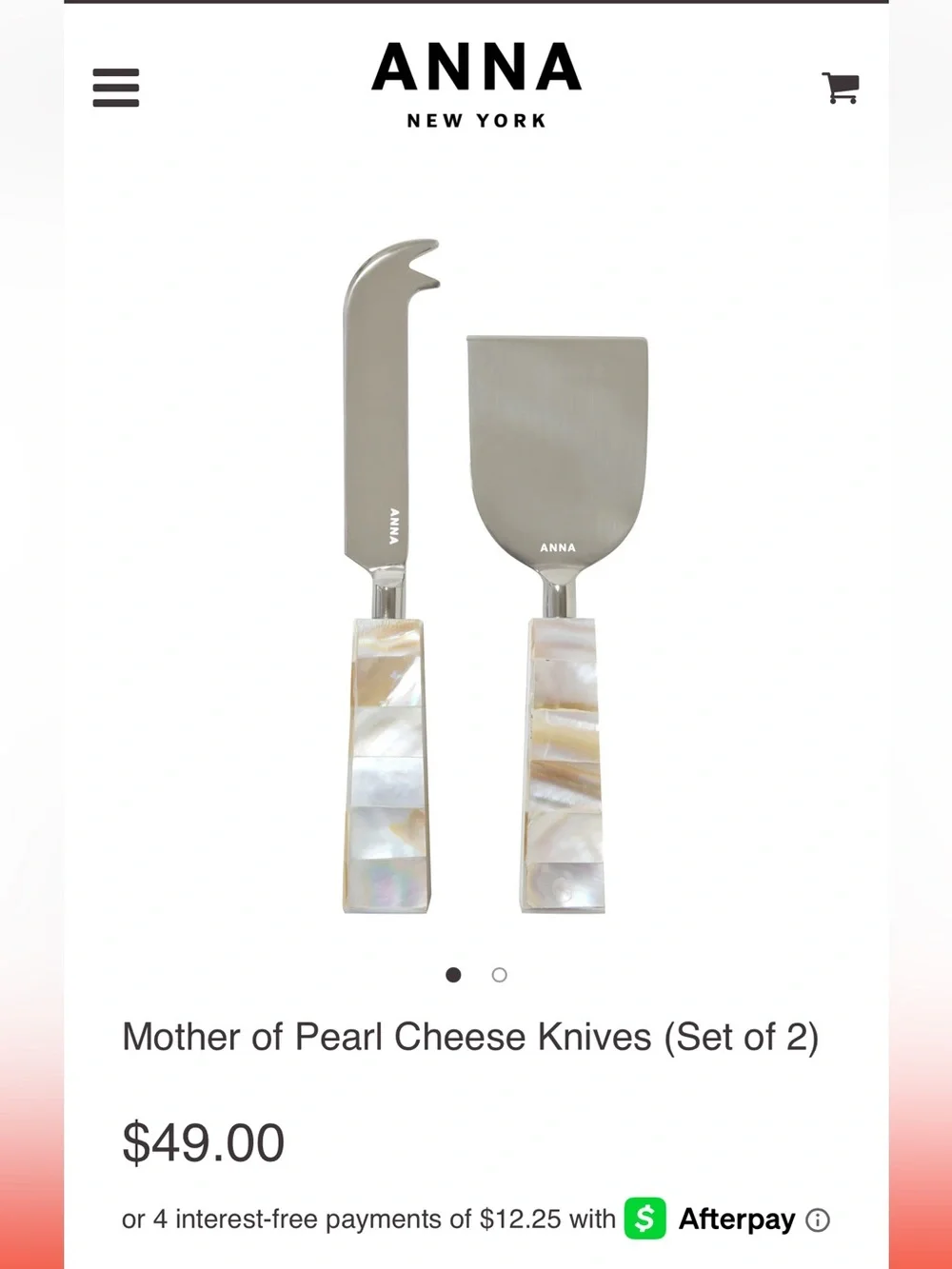 NWT ANNA Mother of Pearl Handle Cheese Knives (Set of 2)